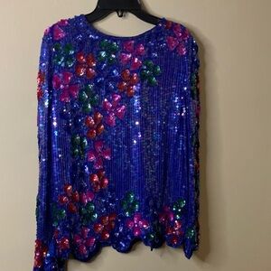 Embellished Royal Blue Sequin Floral Blouse